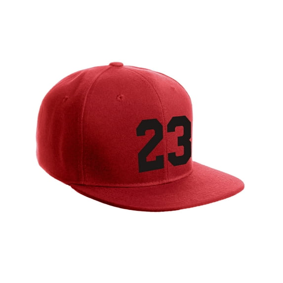 Classic Flat Bill Visor Snapback Hat Custom Color Player Team Numbers, Number 23 Black, Red Hat