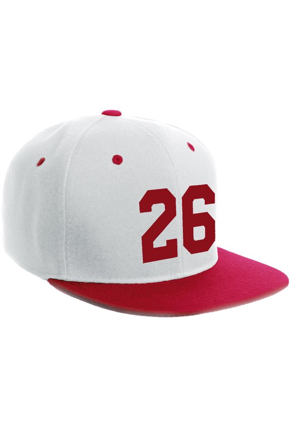 Classic Flat Bill Visor Snapback Hat Custom Color Player Team Numbers, Number 26 Red, White Red Hat