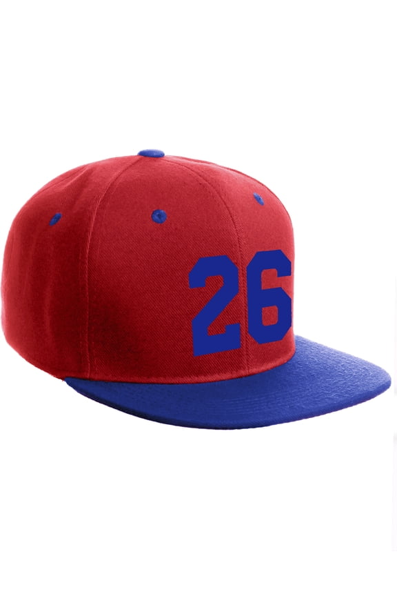 Classic Flat Bill Visor Snapback Hat Custom Color Player Team Numbers, Number 26 Royal, Red Royal Hat