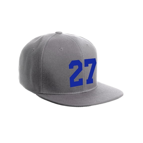 Classic Flat Bill Visor Snapback Hat Custom Color Player Team Numbers, Number 27 Royal, Grey Hat
