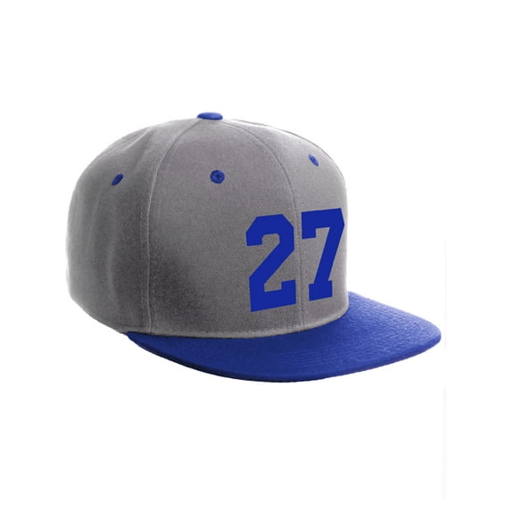 Classic Flat Bill Visor Snapback Hat Custom Color Player Team Numbers, Number 27 Royal, Grey Royal Hat