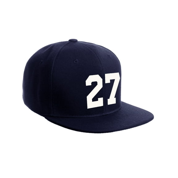 Classic Flat Bill Visor Snapback Hat Custom Color Player Team Numbers, Number 27 White, Navy Hat