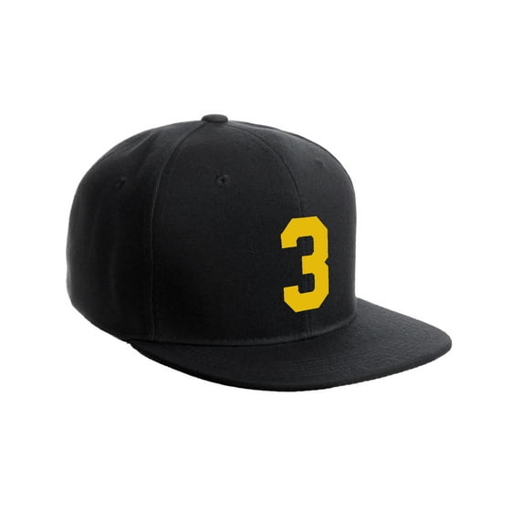 Classic Flat Bill Visor Snapback Hat Custom Color Player Team Numbers, Number 3 Gold, Black Hat
