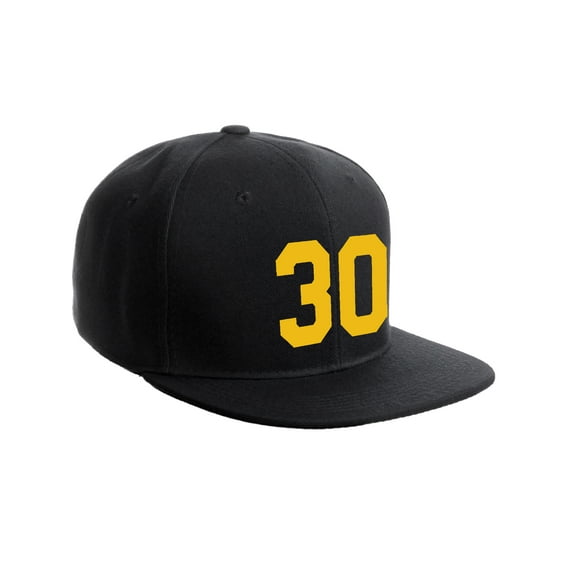 Classic Flat Bill Visor Snapback Hat Custom Color Player Team Numbers, Number 30 Gold, Black Hat
