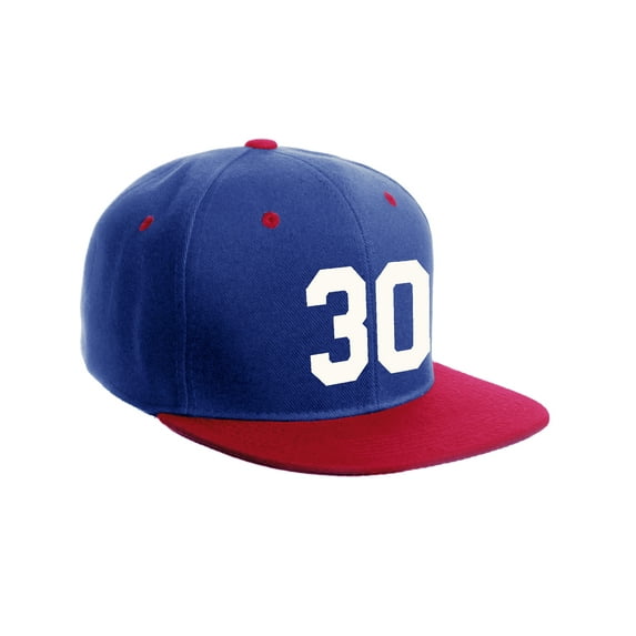 Classic Flat Bill Visor Snapback Hat Custom Color Player Team Numbers, Number 30 White, Royal Red Hat