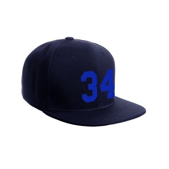 Classic Flat Bill Visor Snapback Hat Custom Color Player Team Numbers, Number 34 Royal, Navy Hat