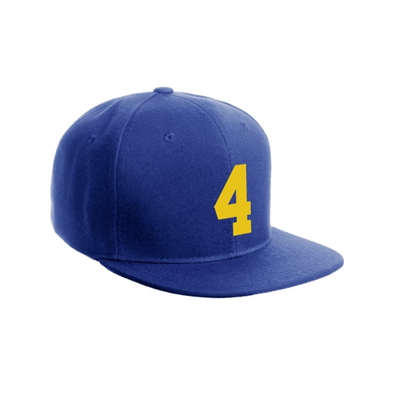 Classic Flat Bill Visor Snapback Hat Custom Color Player Team Numbers, Number 4 Gold, Royal Hat