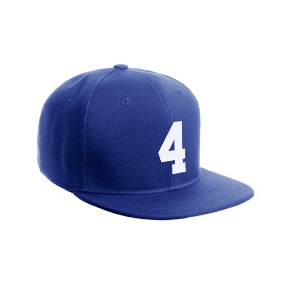 Classic Flat Bill Visor Snapback Hat Custom Color Player Team Numbers, Number 4 White, Royal Hat