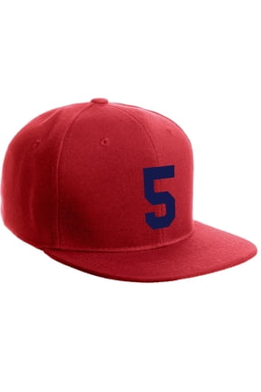 Classic Flat Bill Visor Snapback Hat Custom Color Player Team Numbers, Number 5 Navy, Red Hat