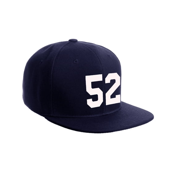 Classic Flat Bill Visor Snapback Hat Custom Color Player Team Numbers, Number 52 White, Navy Hat