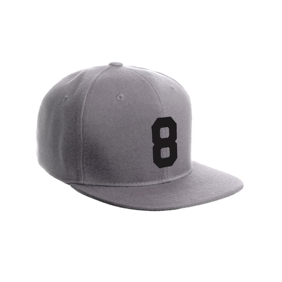 Classic Flat Bill Visor Snapback Hat Custom Color Player Team Numbers, Number 8 Black, Grey Hat