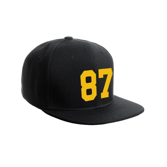Classic Flat Bill Visor Snapback Hat Custom Color Player Team Numbers, Number 87 Gold, Black Hat