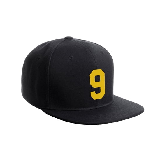 Classic Flat Bill Visor Snapback Hat Custom Color Player Team Numbers, Number 9 Gold, Black Hat