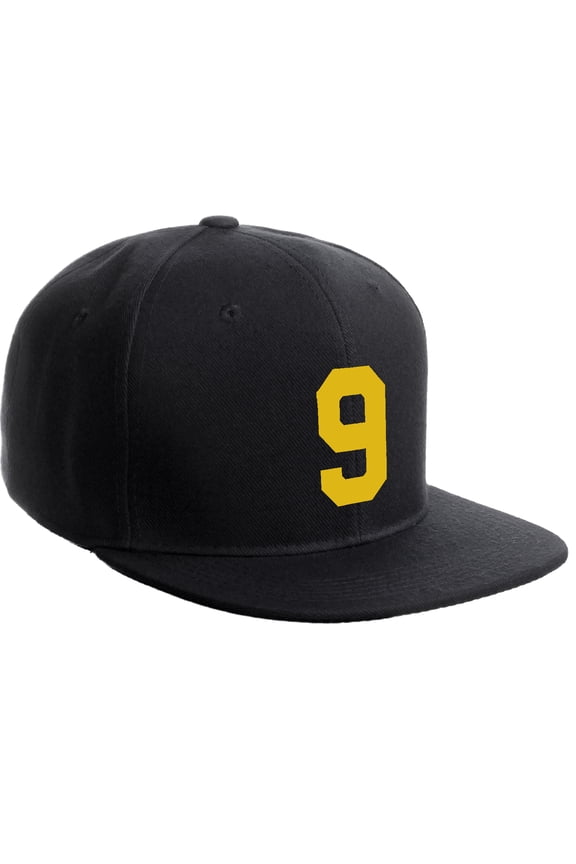 Classic Flat Bill Visor Snapback Hat Custom Color Player Team Numbers, Number 9 Gold, Black Hat