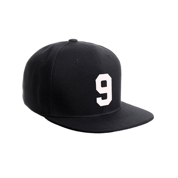 Classic Flat Bill Visor Snapback Hat Custom Color Player Team Numbers, Number 9 White, Black Hat