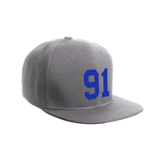 Classic Flat Bill Visor Snapback Hat Custom Color Player Team Numbers, Number 91 Royal, Grey Hat