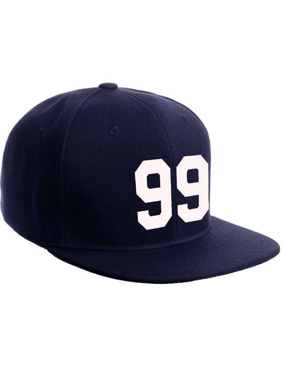 Classic Flat Bill Visor Snapback Hat Custom Color Player Team Numbers, Number 99 White, Navy Hat