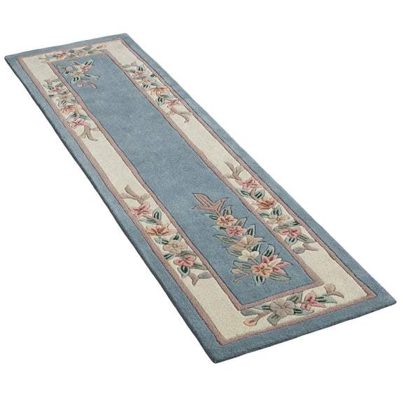 Classic Floral Handcarved Hand-tufted Wool Rectangle Runner Rug, 2 ft x 7 ft 6 in, Blue