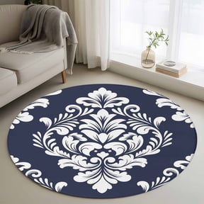 Classic Floral Pattern 3FT Round Area Rugs Navy Blue Background White Flowers Soft Small Round Rug Non-Slip, Ultra-Thin Indoor Circle Carpet for Bedroom Entryway Kitchen Bathroom