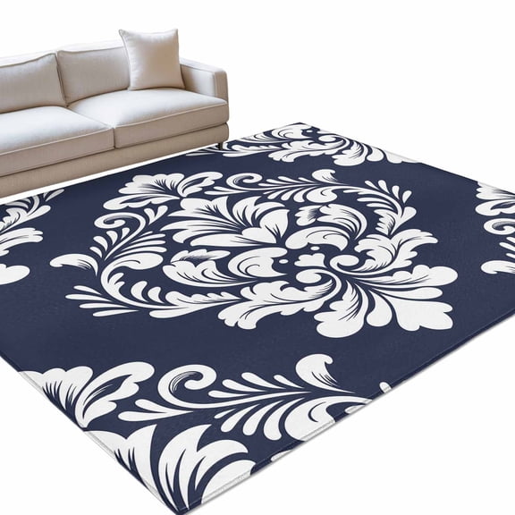 Classic Floral Pattern 4x6ft Non Slip Area Rug Navy Blue Background White Flowers Washable Soft Area Rugs for Living Room, Indoor Circle Carpet for Bedroom Dining Room Kitchen