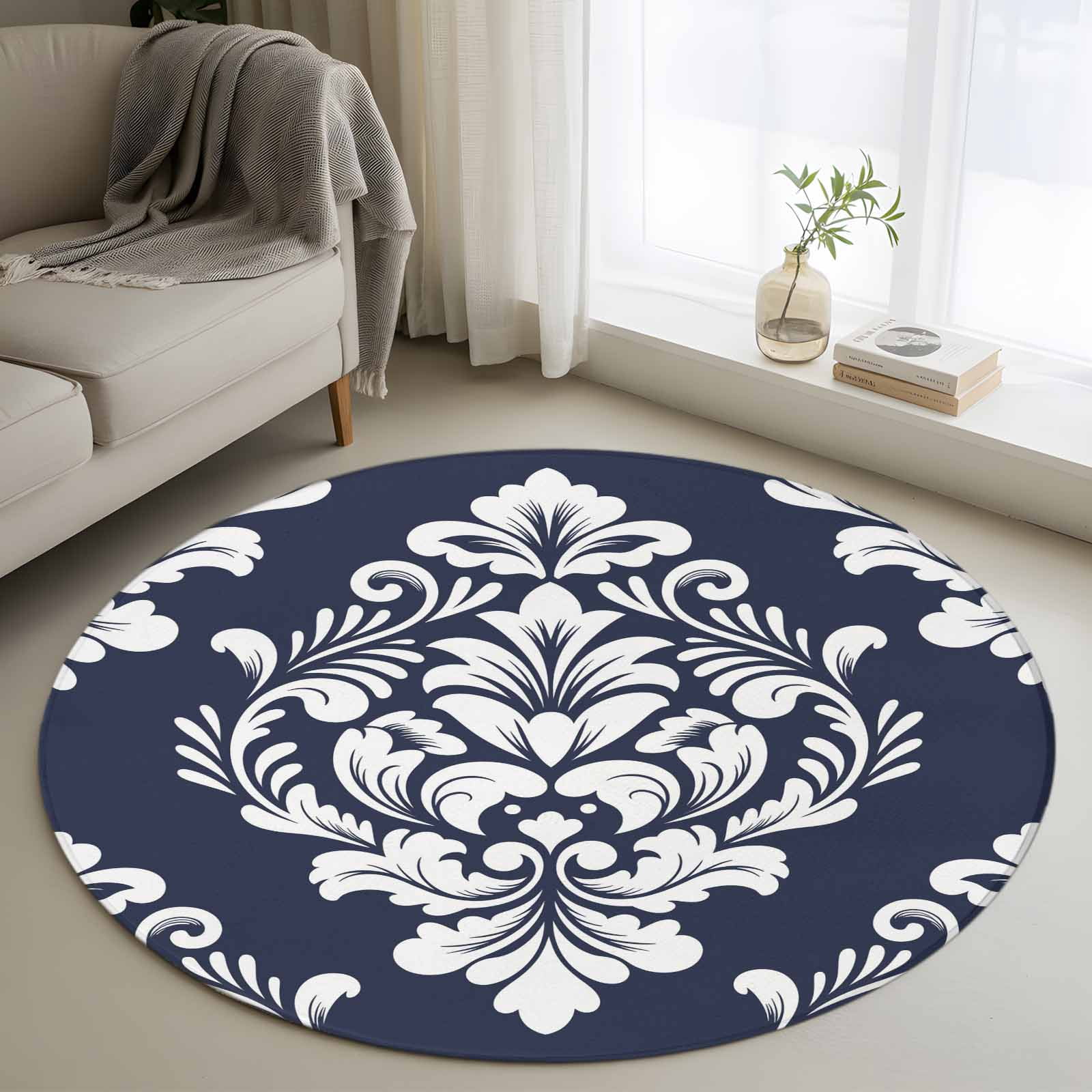 Classic Floral Pattern Round Living Room Rugs 4 ft, Navy Blue ...