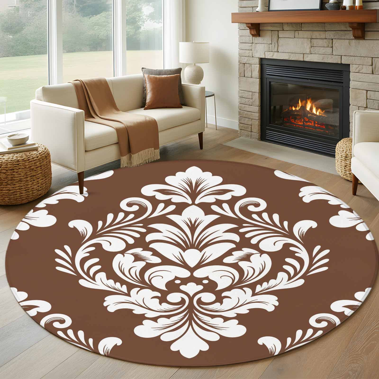 Classic Floral Pattern Round Living Room Rugs 7 ft, Brown Background ...