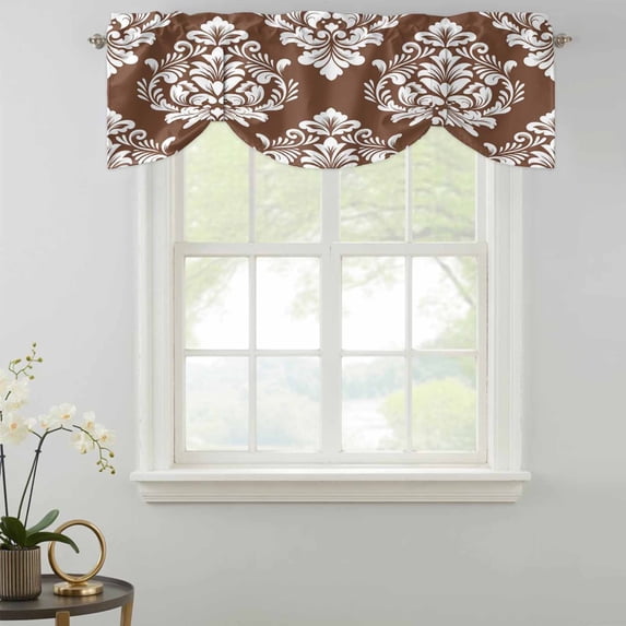 Classic Floral Pattern Tie Up Valances Curtain, Brown Background White ...