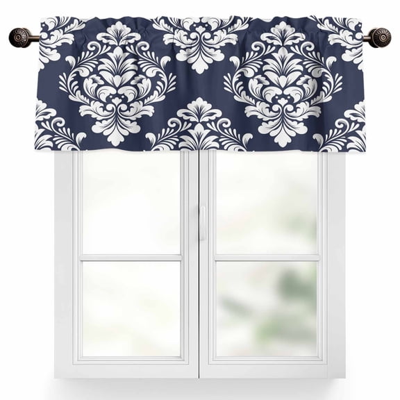 Classic Floral Pattern Valances for Windows Navy Blue Background White Flowers Valance Curtains Rod Pocket Bathroom Small Window Treatments for Kitchen Living Room Bedroom, 42"x12"