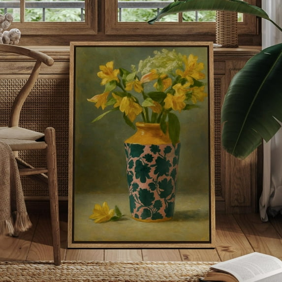 Classic Floral Still Life - Vintage Yellow Flowers in Patterned Vase Canvas Print, Traditional Rustic Wall Art for Living Room Decor, 24x36 UNFRAMED