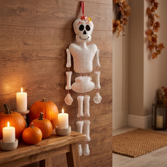 Classic Floral Sugar Skull Skeleton Hanging Ornament, 39.37 Inch Jointed Felt Full Skeleton, Seasonal Porch Display , Gothic Textile Decor for Gifting, Display, and Fall Decor