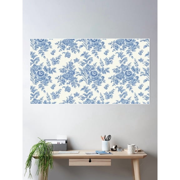 Classic Floral Toile De Jouy Pattern In Blue And White With Roses. Poster Wall Art, Modern Wall Decor For Living Room Bedroom, 12x18 UNFRAMED