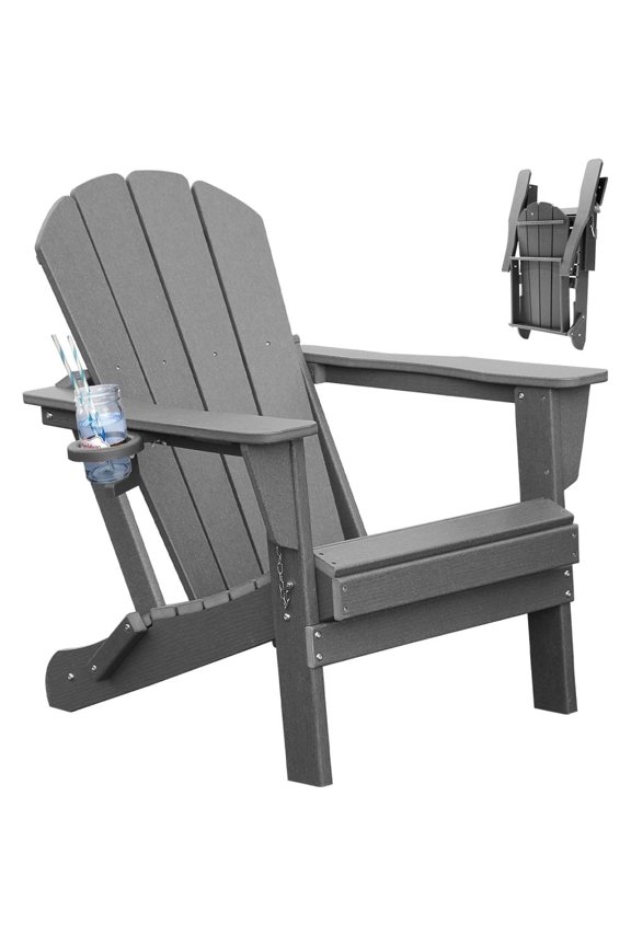 Classic Folding Adirondack Chair with Cup Holder, HDPE Plastic Outdoor Chair for Patio, Lawn & Fire Pit, Space-Saving Design