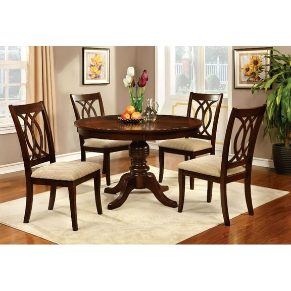 Classic Formal Dining Room Furniture 5pc Set Round Dining Table w Pedestal Base 4x Side Chairs Brown Cherry Solid wood Kitchen