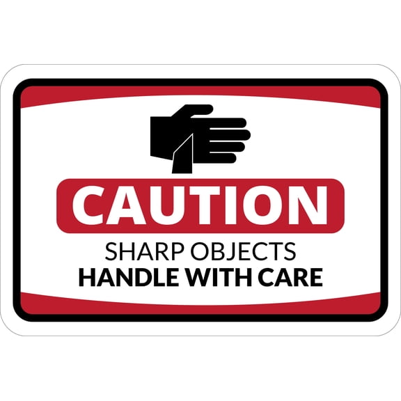 Classic Framed Plus Caution Sharp Objects Handle with Care Door or Wall Sign | Workplace Health and Safety Warning Signage -Small