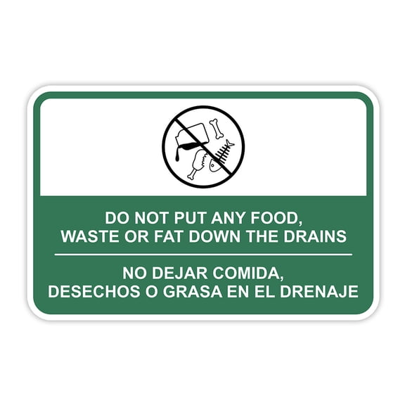 Classic Framed Plus Do Not Put Any Food, Waste or Fat Down The Drains Wall or Door Sign | Bilingual Spanish and English Workplace Business Signage - Large