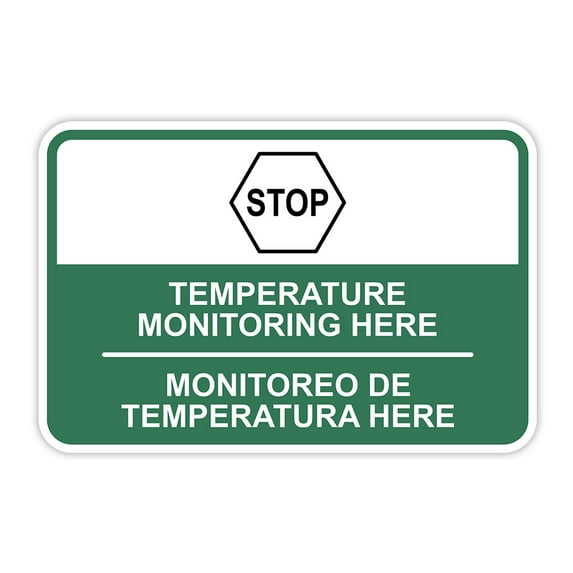 Classic Framed Plus Stop! Temperature Monitoring Here Wall or Door Sign | Bilingual Spanish and English Workplace Safety Signage - Large