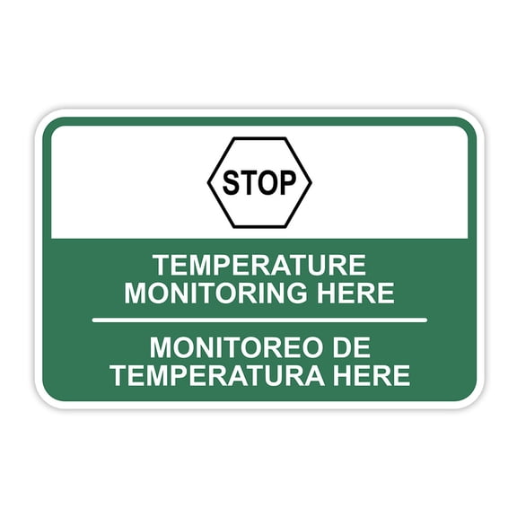 Classic Framed Plus Stop! Temperature Monitoring Here Wall or Door Sign | Bilingual Spanish and English Workplace Safety Signage -Small