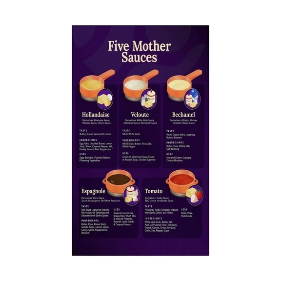 Classic French Mother Sauces Poster Culinary Guide Gourmet Kitchen Decor Cooking Class Reference Five Essential Sauce Making Techniques Wall Art