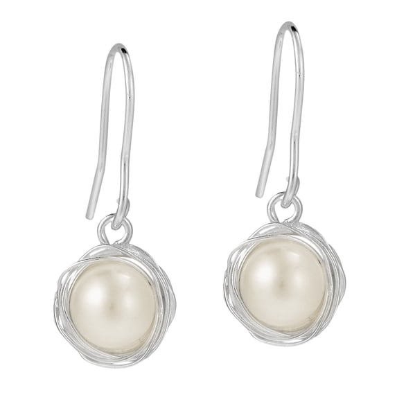 Classic Freshwater Pearl Button Wire Wrap .925 Bridal Silver Dangle Earrings