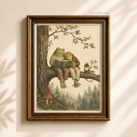 Classic Frog And Toad Print Whimsical Storybook Illustration Vintage Reading Nook Wall Art Cozy Nursery Decor Cute Cottagecore