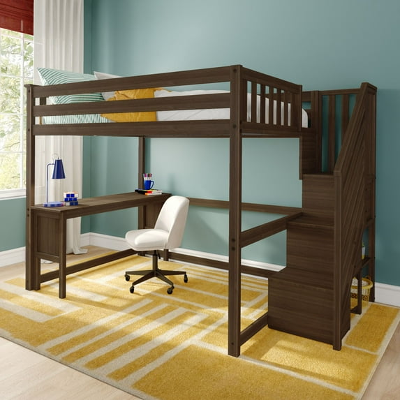 Classic Full High Loft + Desk + Staircase, Walnut