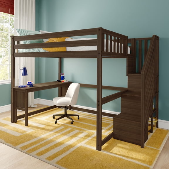 Classic Full High Loft + Desk + Staircase, Walnut