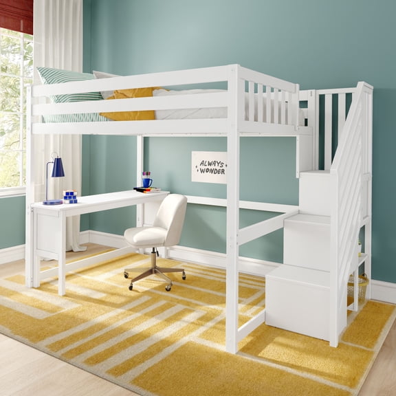 Classic Full High Loft + Desk + Staircase, White