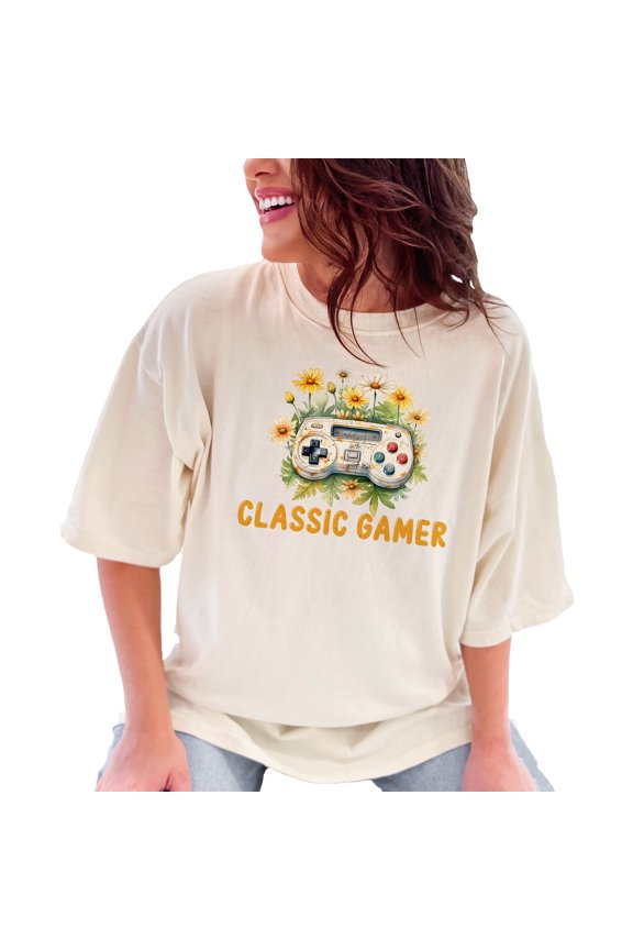 Classic Gamer Tee, Vintage Game Controller Shirt, Retro Gaming T-Shirt, Gamers Gift Idea, Unisex Graphic Tee, Floral Print Gamer Apparel, Ivory Comfort Colors T-Shirt, Medium