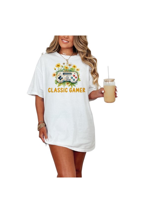 Classic Gamer Tee, Vintage Game Controller Shirt, Retro Gaming T-Shirt, Gamers Gift Idea, Unisex Graphic Tee, Floral Print Gamer Apparel, White Comfort Colors T-Shirt, XL