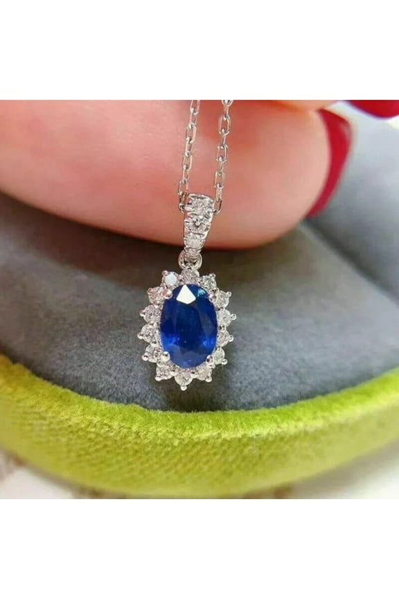 2 CT Oval Cut Lab Created Blue Sapphire Women's Halo September Birthstone Pendant 14K White Gold Plated Silver 925 Sterling