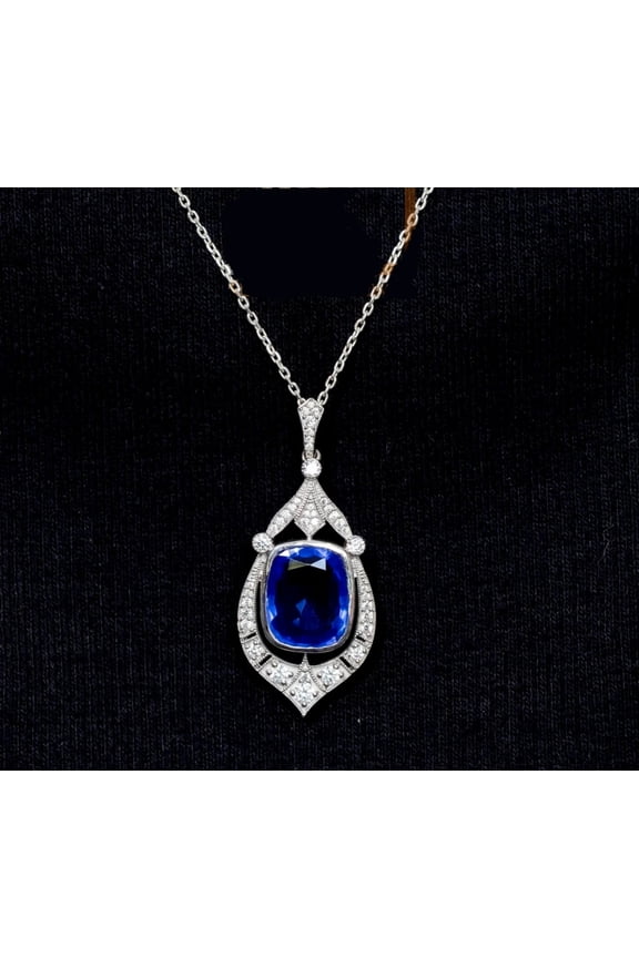 3.00 CT Cushion Cut Lab Created Blue Sapphire Women's Halo September Birthstone Pendant 14k White Gold Silver Plated 925 Sterling