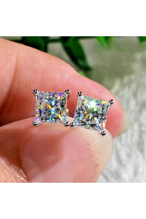 3.00 CT Lab Created CZ Diamond Princess Cut Solitaire April Birthstone Stud Earrings 18K White Gold Plated 925 Sterling Silver