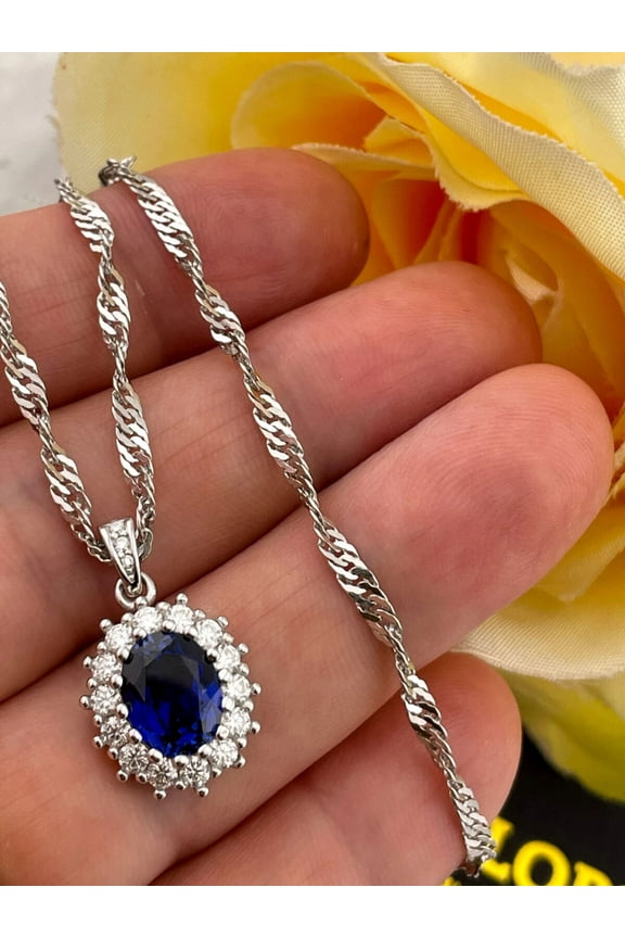 3.00 CT Oval Cut Lab Created Blue Sapphire Women's Halo September Birthstone Pendant 14k White Gold Silver Plated 925 Sterling