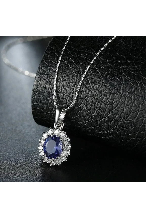 3.00 CT Oval Cut Lab Created Blue Sapphire Women's Halo September Birthstone Pendant 14k White Gold Silver Plated 925 Sterling